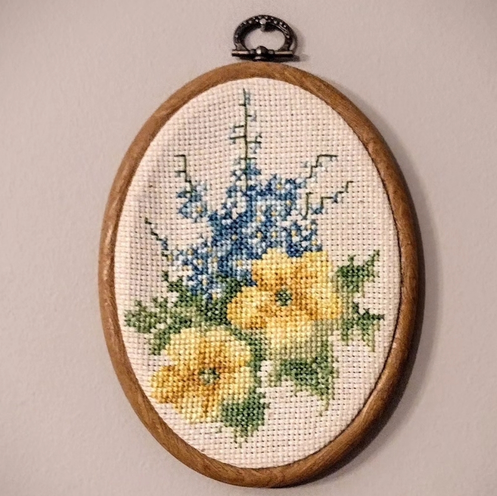 Vintage French Needle Point with Beautiful Blue and Yellow Flowers in Oval Frame